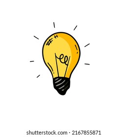 Light Bulb. Sketch drawn electric device. Cartoon doodle lighting concept and idea. Solution and creative