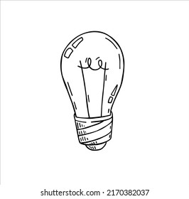 Bombilla. Esbozar dispositivo eléctrico dibujado. Ilustración en blanco y negro. Concepto e idea de iluminación de dibujos animados. Solución y creatividad