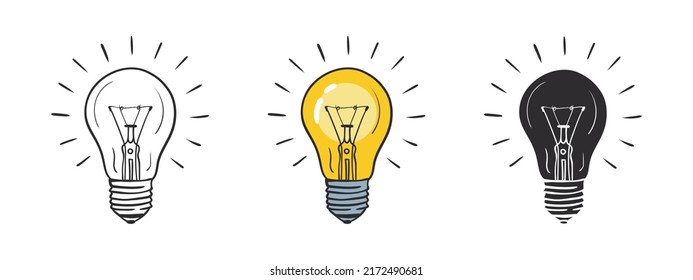 Light bulb sketch. Electric light, energy concept. Light bulbs drawn by hand. Vector illustration