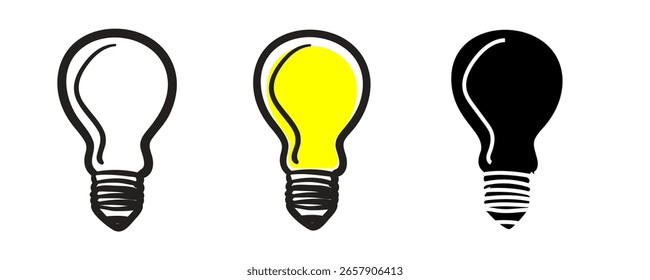 Conjunto de iconos de boceto de bombilla. Lámparas Doodle, concepto de idea dibujado a mano, ilustración de bombilla de garabato, innovación y símbolo esbozado de solución