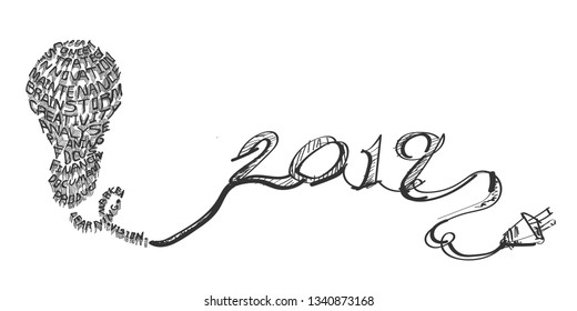 Light bulb - Sketch  plan  data  text various -Text 2019 -  with icon, modern ,design ,creative ,concept ,idea ,innovation ,doodle art, concept, painting. -Vector 