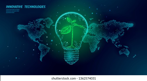 Light bulb with small plant on world map. Lamp saving energy ecology environment sprout idea concept. Polygonal light electricity green energy power seedling banner vector illustration