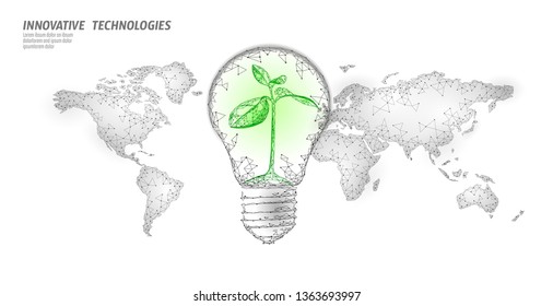Light bulb with small plant on world map. Lamp saving energy ecology environment sprout idea concept. Polygonal light electricity green energy power seedling banner vector illustration
