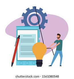 light bulb and smartphone device and man pulling a gear wheel over white background, colorful design , vector illustration