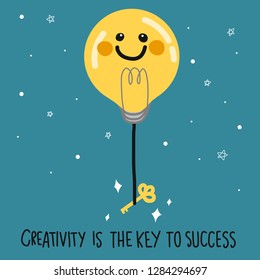 Light bulb smile face balloon and key on dark blue sky vector illustration, business concept