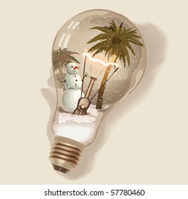 Light bulb with snowman. Old fashion light bulb with snowman, palms and warm light. (objects on layers)