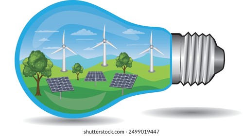 light bulb with solar energy panels, wind turbine, green landscape isolated for concept of green energy