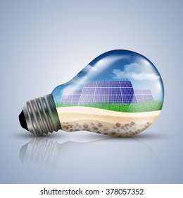 Light bulb with solar panel an earth layers in it, vector illustration.