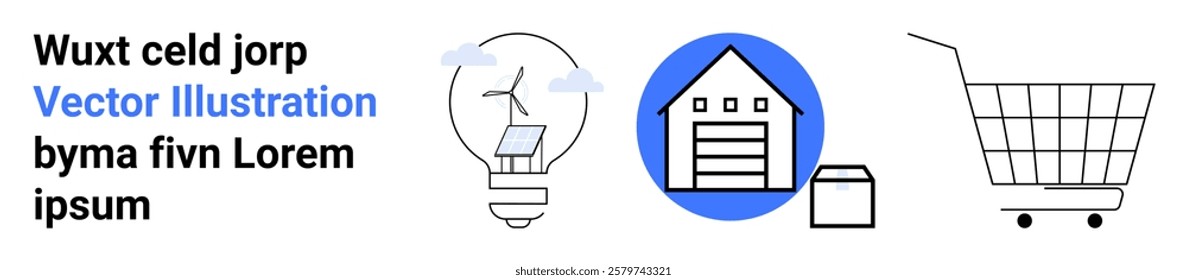 Light bulb with solar panel, storage house, and shopping cart highlight energy efficiency and online shopping. Ideal for renewable energy, logistics, e-commerce, sustainability, innovation. Banner