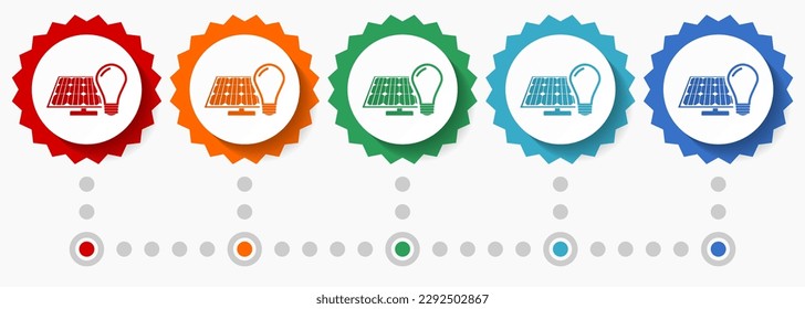 Light bulb and solar panel vector icon set, colorful infographic template, set of flat design badge icons in 5 color options