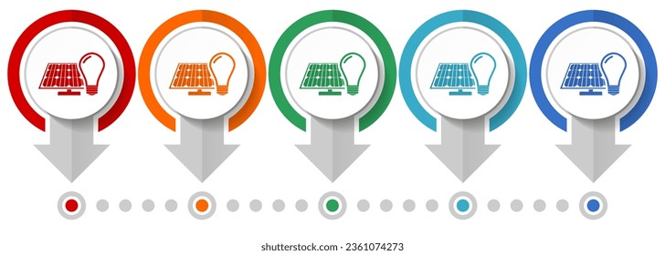 Light bulb and solar panel vector icon set, flat design infographic template, set pointer concept icons in 5 color options for webdesign and mobile applications