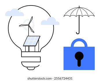 A light bulb with a solar panel and wind turbine inside, surrounded by clouds. An umbrella and a padlock are nearby, representing renewable energy, innovation, protection, and security. Ideal for