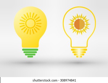 Light bulb with solar panels texture and sun. Vector