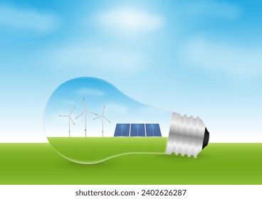 Light Bulb with Solar Panels and Wind Turbines Inside. Energy Saving. Renewable and Sustainable Energy Resources. Green Energy or Environmentally Friendly Concept. 