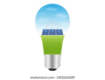 Light Bulb with Solar Panels and Wind Turbines Inside. Energy Saving. Renewable and Sustainable Energy Resources. Green Energy or Environmentally Friendly Concept. 