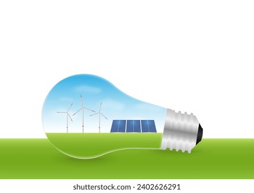 Light Bulb with Solar Panels and Wind Turbines Inside. Energy Saving. Renewable and Sustainable Energy Resources. Green Energy or Environmentally Friendly Concept. 