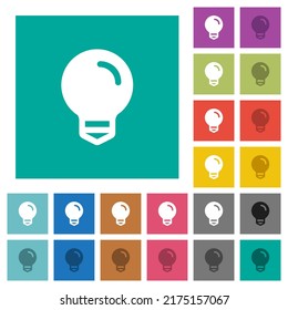 Light bulb solid multi colored flat icons on plain square backgrounds. Included white and darker icon variations for hover or active effects.