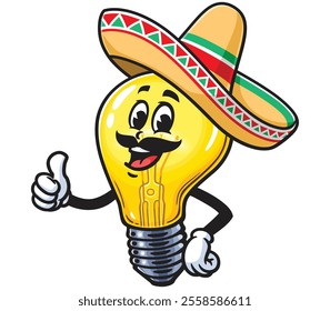 Light Bulb with sombrero,  Cartoon Character Mascot Illustration Vector Clip-art Hand-drawn Logo Design