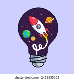 Light Bulb Space With Rocket Cartoon Vector Icon Illustration. Science Technology Icon Concept Isolated Premium Vector. Flat Cartoon Style