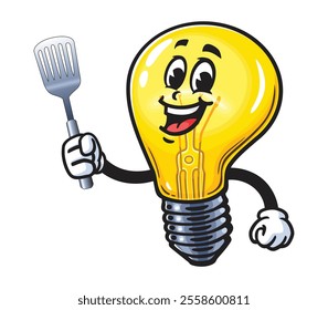 Light Bulb with spatula,  Cartoon Character Mascot Illustration Vector Clip-art Hand-drawn Logo Design