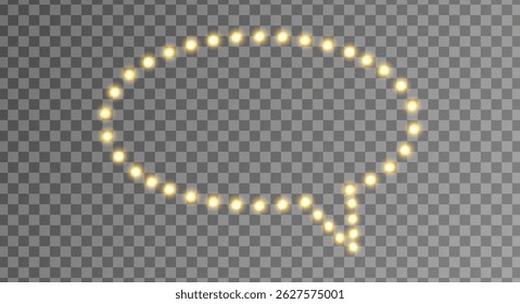 Light bulb. Speech bubble frame with glowing golden lights on transparent background. Perfect for retro signs, advertising, and promotions. Vector Illustration.