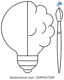 Lâmpada dividida com contorno cerebral no lado direito, pincel ao lado. Ideal para criatividade, inovação, arte, design, aprendizagem, resolução de problemas de geração de ideias. Metáfora de linha