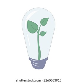 Light bulb with a sprout inside. Green energy, save nature, clean planet, environmental protection, leaf, leaves, plant, take care, foliage, flora, preservation. Vector illustration on white backround