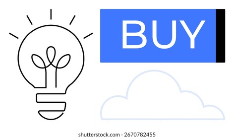 Lâmpada com broto ao lado de grande azul botão Comprar e símbolo de nuvem contornado. Ideal para e-commerce, compras on-line, conceitos de start-up, inovação digital, computação em nuvem, marketing