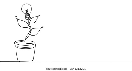 Light bulb sprouting from a pot like a plant in a continuous one line drawing. Go green energy concept. Hand-drawn minimalist vector illustration.