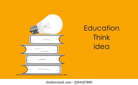 Light bulb and stack of books  vector illustration isolated on yellow background. 