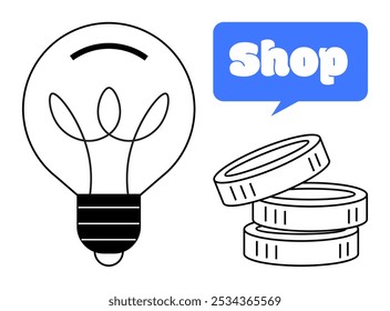 Light bulb, stack of coins, and blue shop sign. Ideal for business ideas, e-commerce, innovation, entrepreneurship, and online shopping. Simple vector style, clear and bold outlines. Themes of