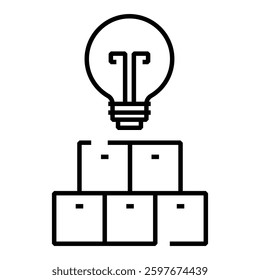 Light bulb with stacked boxes representing logistics management, supply chain optimization, inventory innovation, and distribution strategies
