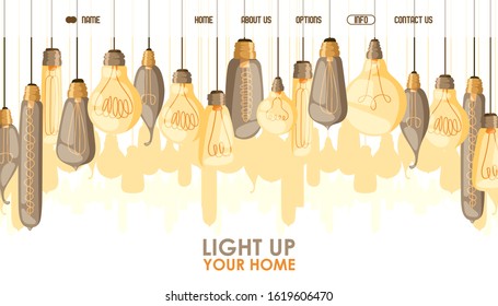 Light bulb store website design, vector illustration. Lamp shop landing page template, light up your home. Many glowing decorative glass lamps, electric power background. Business company light idea