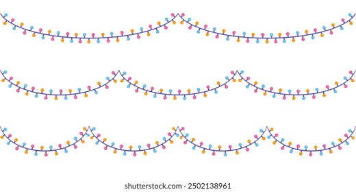 Light bulb string garland. Christmas lights. Holiday festive xmas or birthday party decoration. Colorful lights set. Flat vector illustration.