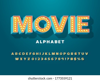 Alphabet im Stil der Glühbirne mit Großbuchstaben, Zahlen und Symbolen