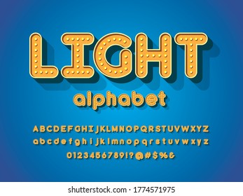 light bulb style alphabet design with uppercase, lowercase, numbers and symbols