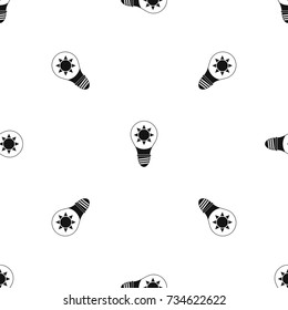 Light bulb with sun inside pattern repeat seamless in black color for any design. Vector geometric illustration