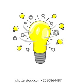 light bulb surrounded by ideas, brainstorming concept illustration cartoon style