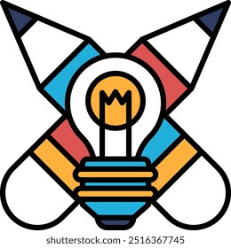 A light bulb is surrounded by pencils. The pencils are in different colors and are arranged in a cross shape. Concept of creativity and inspiration, as the light bulb represents a spark of ideas