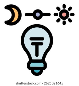 Light bulb with a switch changing from day mode, symbolized by the sun, to night mode, symbolized by the moon, representing energy saving and efficiency