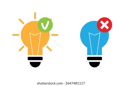 Bombilla encendida y apagada Aprobado y rechazado. Tecnología y Arte vectorial brillante de la generación de la idea de negocio