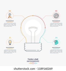 Light bulb symbol in center connected to 4 round elements with linear icons inside and text boxes. Concept of four features of business idea. Minimal infographic design template. Vector illustration.