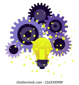 A light bulb as a symbol of a creative idea and working gears as a symbol of a working mechanism that was invented thanks to this idea. Flat cartoon illustration on a white background.