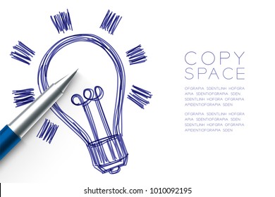 Light bulb symbol hand drawing by pen sketch blue color, Creative concept design illustration isolated on white background, with copy space