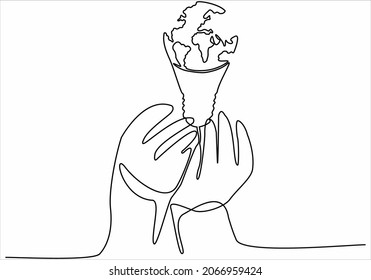 
Light bulb symbol idea drawing one continuous line.hand holding globe world map inside lamp