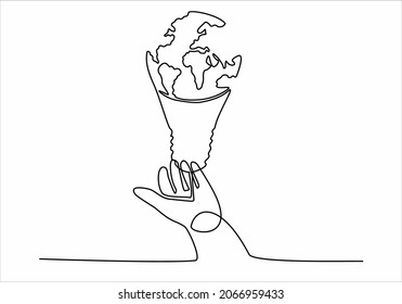 
Light bulb symbol idea drawing one continuous line.hand holding globe world map inside lamp