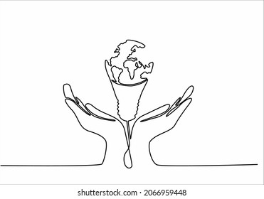 
Light bulb symbol idea drawing one continuous line.hand holding globe world map inside lamp