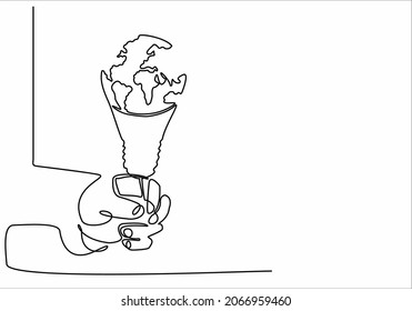
Light bulb symbol idea drawing one continuous line.hand holding globe world map inside lamp