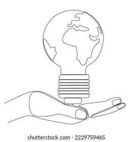 
Light bulb symbol idea drawing one continuous line. Hand holding world map of the world in lamp
