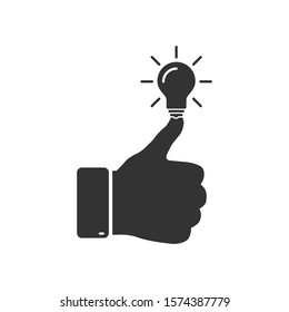 light bulb, a symbol of an idea, as an extension of the thumb. Isolated on white background. Flat design. 